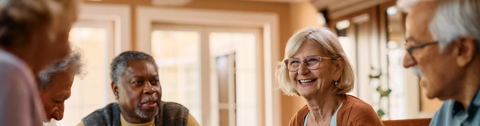A group of older adults sit around a dining table, smiling and talking while sharing a meal in a bright, cozy room with large windows.